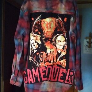 upcycled bleached flannel shirt w/ rare custom THE SAW HORROR MOVIE back patch